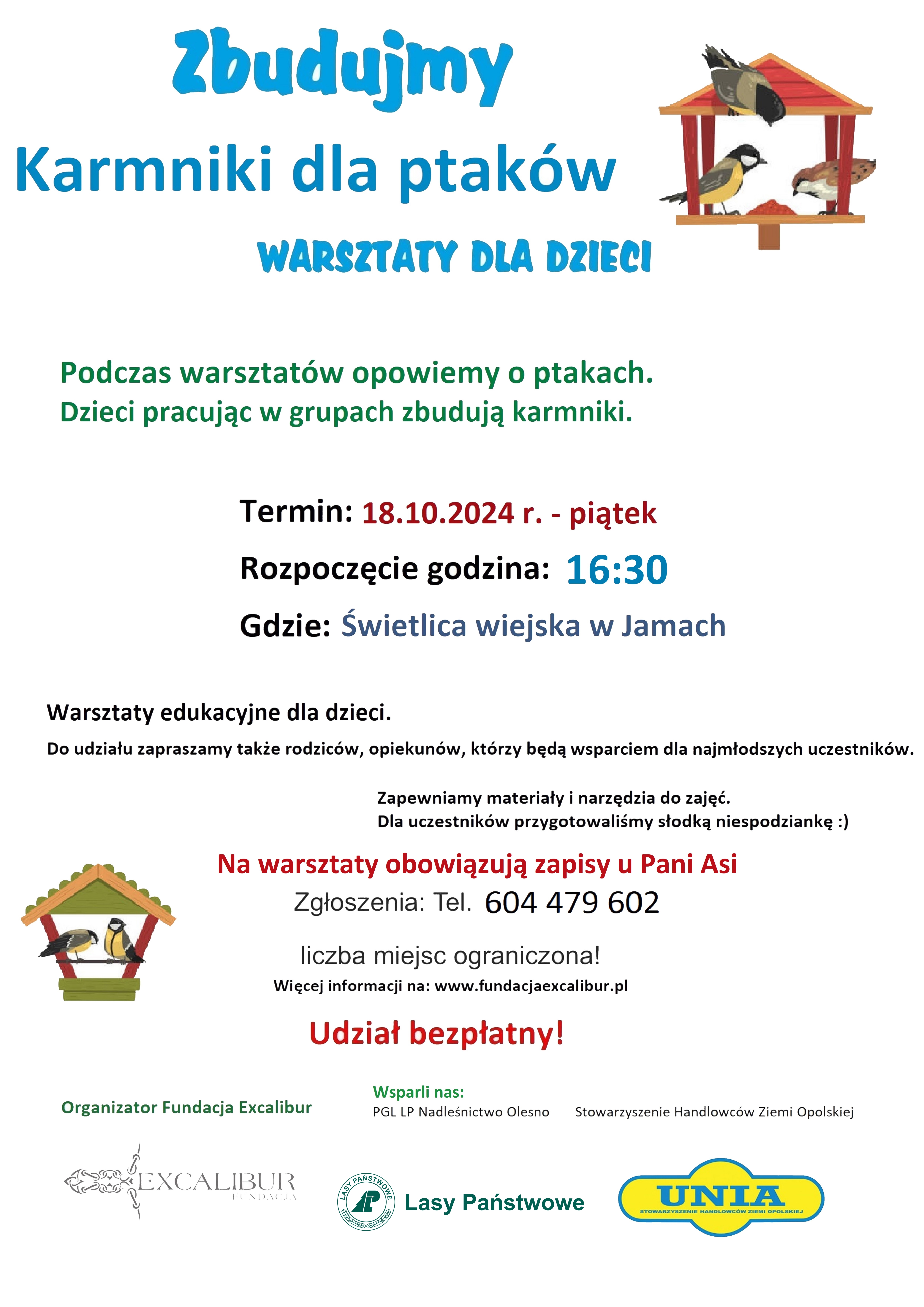 Zdjęcie przedstawiające: Zbudujmy karmniki dla ptaków - warsztaty edukacyjne dla dzieci. Świetlica wiejska w Jamach 18.10.2024 